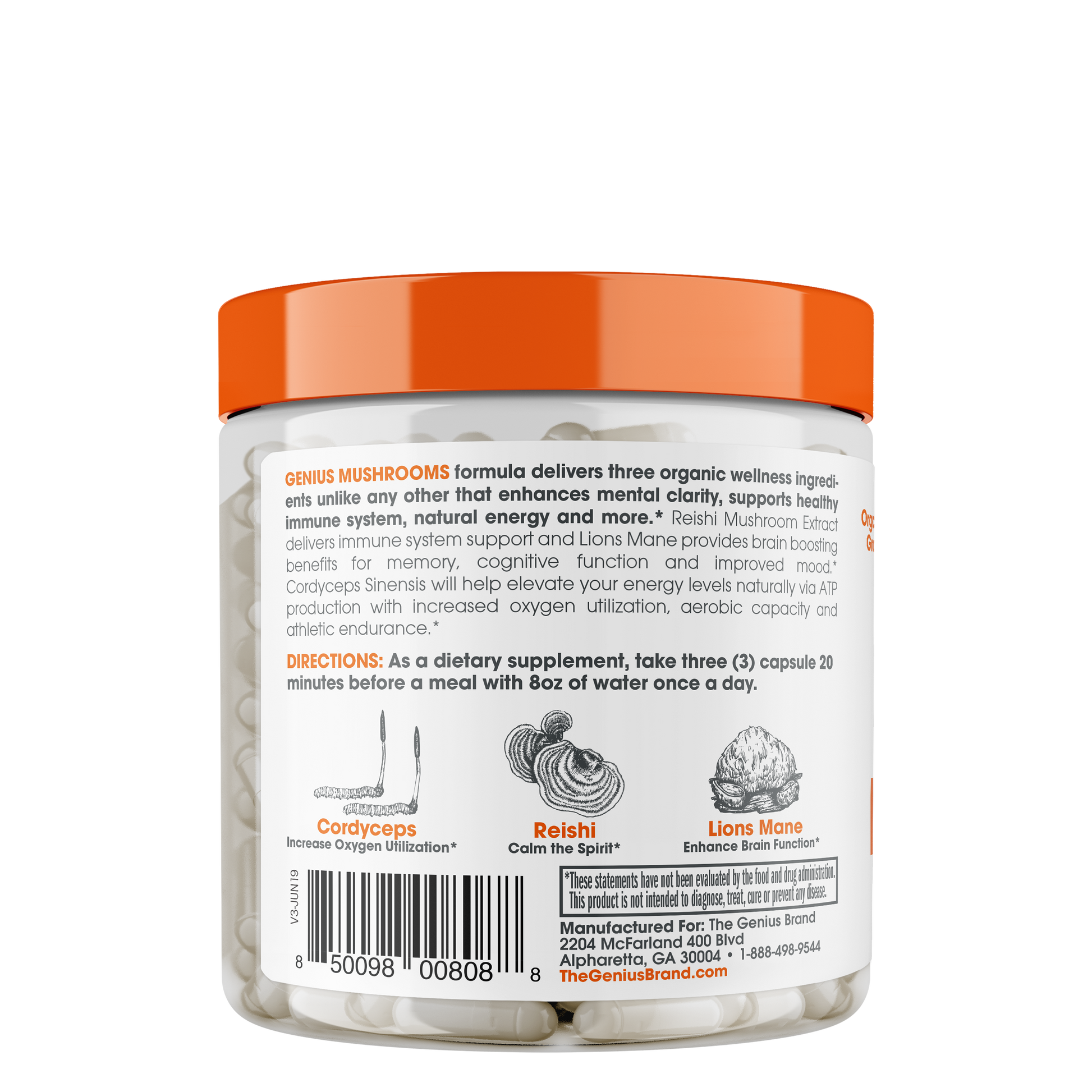 Back of Genius Mushrooms Bottle