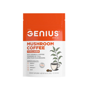 Package of 'The Genius Brand' mushroom coffee with collagen on a white background
