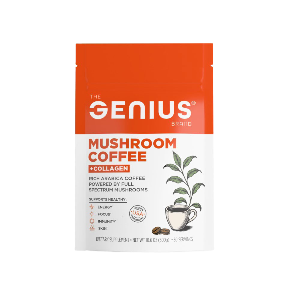 Package of 'The Genius Brand' mushroom coffee with collagen on a white background