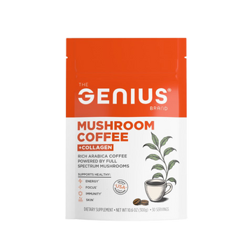 Package of 'The Genius Brand' mushroom coffee with collagen on a white background