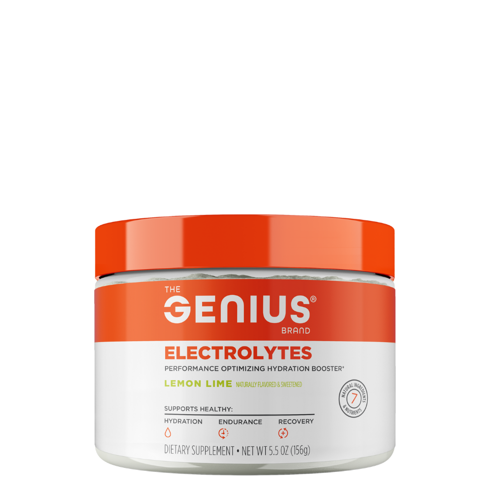 A container of Genius Electrolytes powder with a red lid and label, in lemon lime flavor.