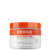 A container of Genius Electrolytes powder with a red lid and label, in lemon lime flavor.