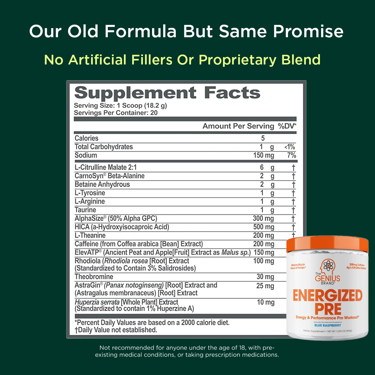 Supplement facts label and container of a pre-workout supplement on a green background
