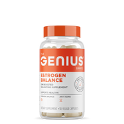 A bottle of Genius Estrogen Balance supplement with white and orange labeling, containing 30 veggie capsules.