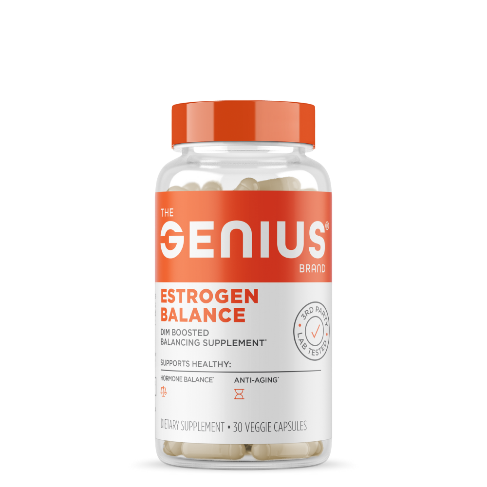A bottle of Genius Estrogen Balance supplement with white and orange labeling, containing 30 veggie capsules.