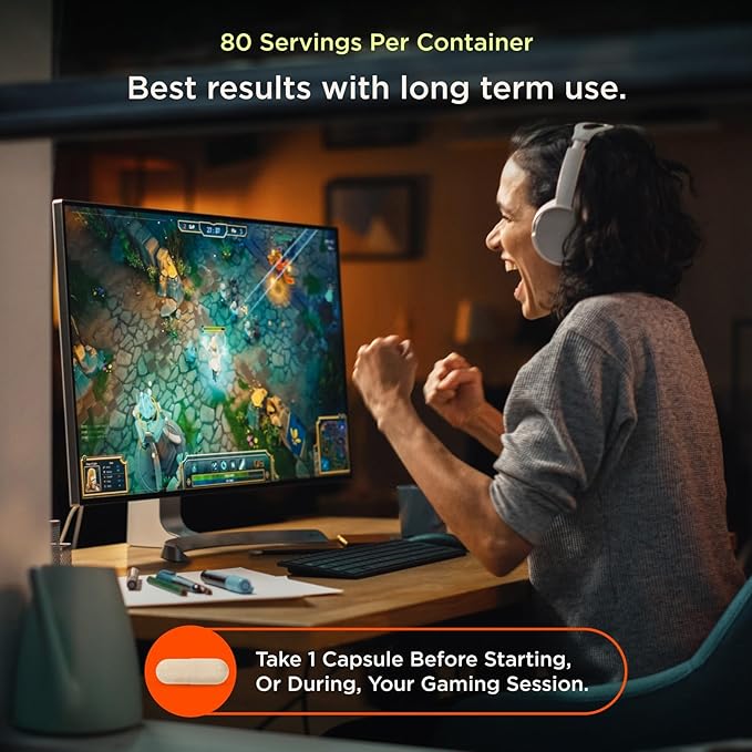 Person playing a video game with text about capsules and gaming sessions.