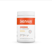 Container of 'The Genius Brand' daily superfood greens on a white background