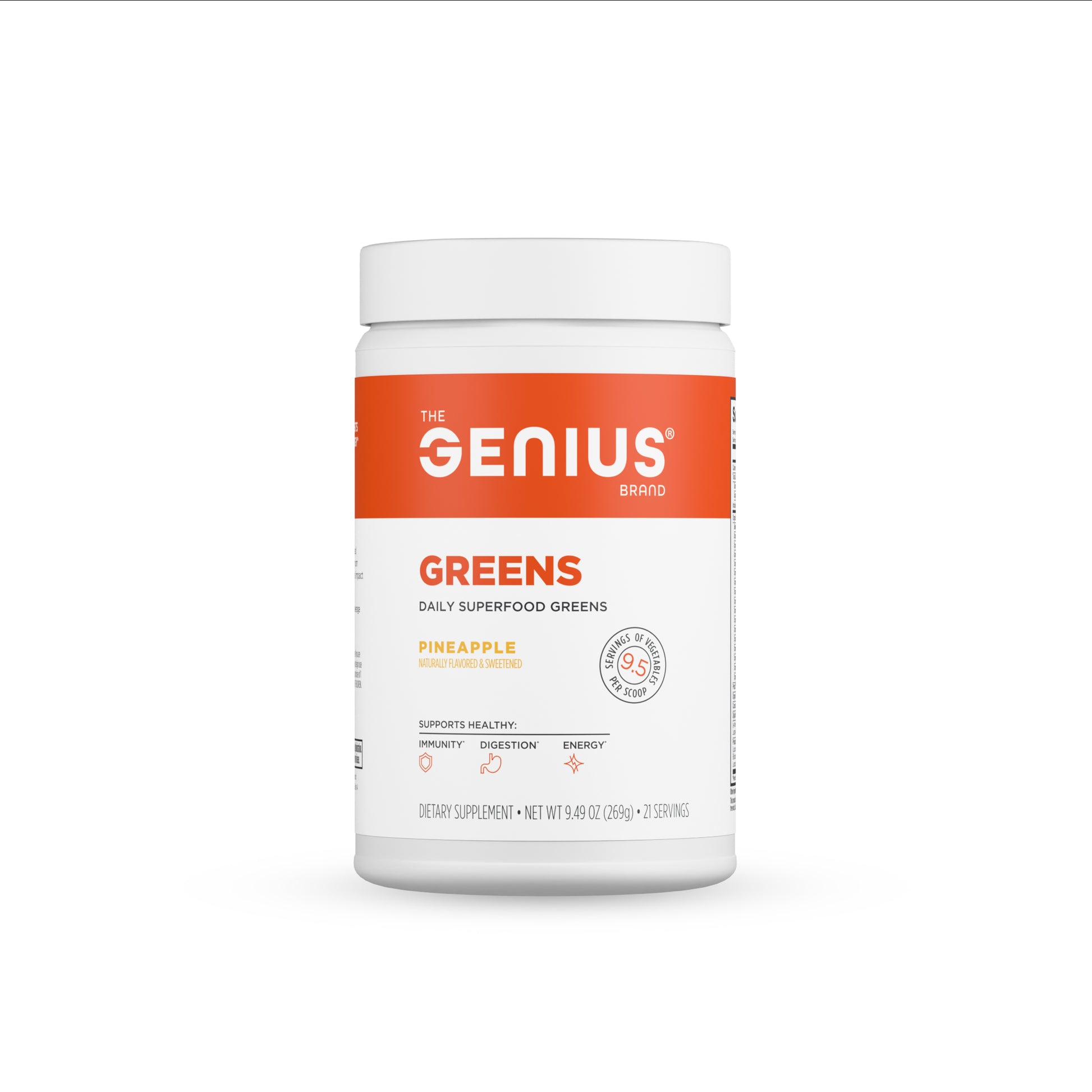 Container of 'The Genius Brand' daily superfood greens on a white background