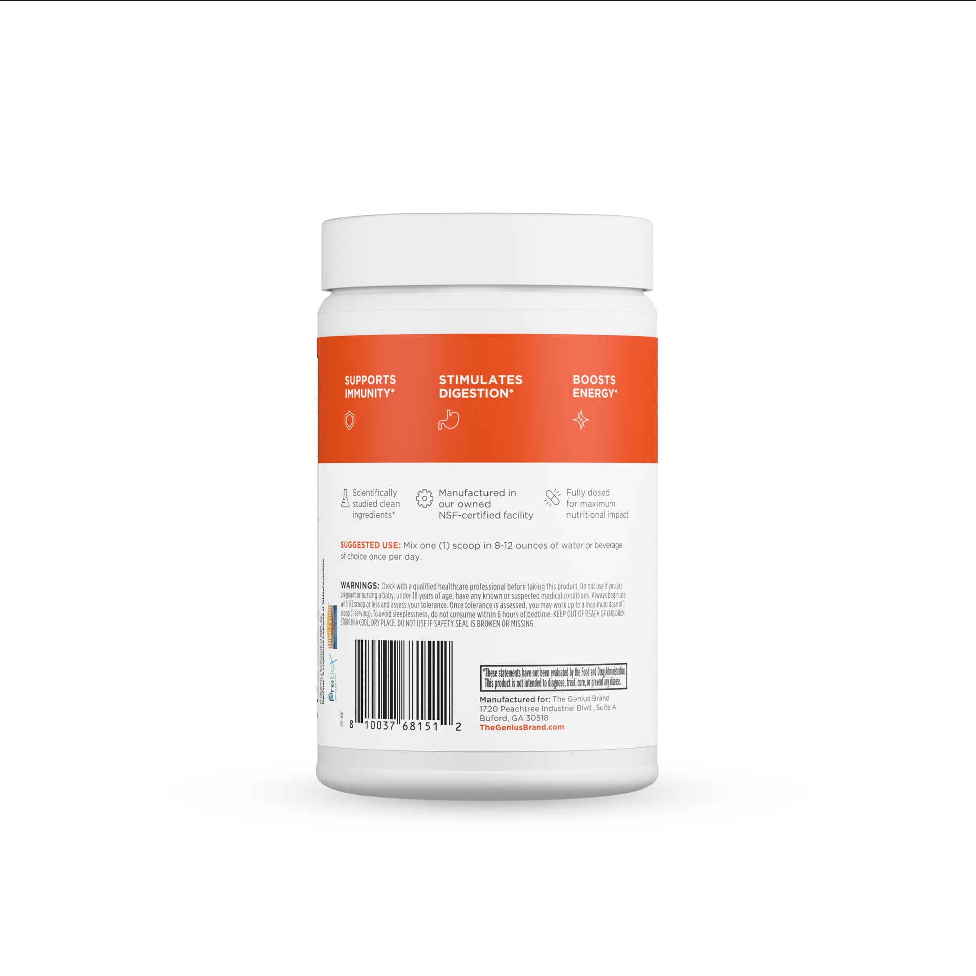 Supplement container with a white lid and orange label on a white background