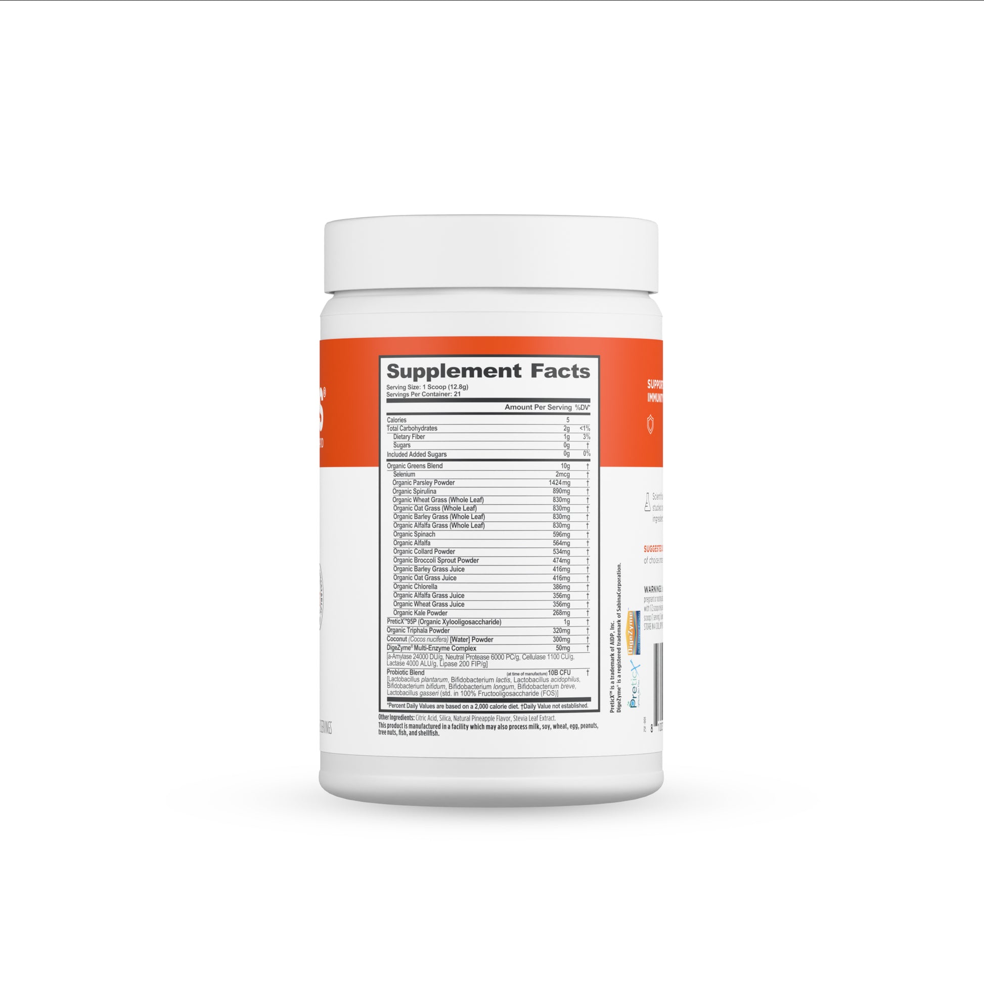 Supplement container with a label showing 'Supplement Facts' on a white background