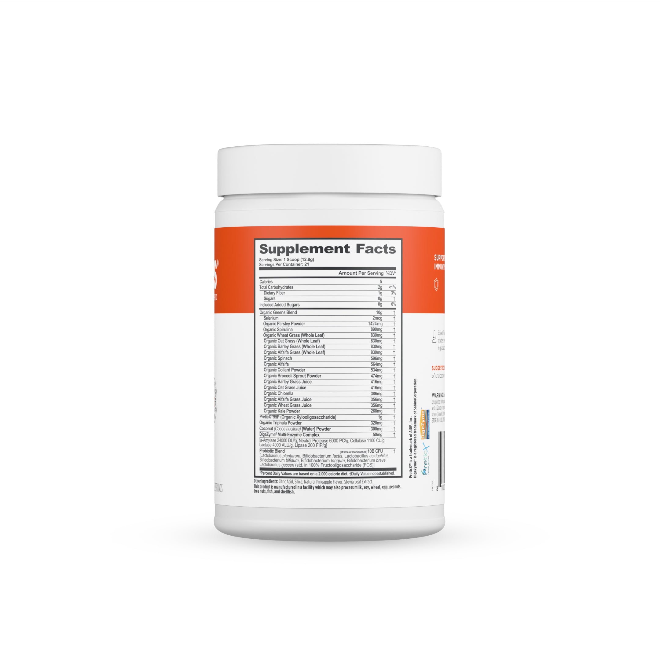 Supplement container with a label showing 'Supplement Facts' on a white background