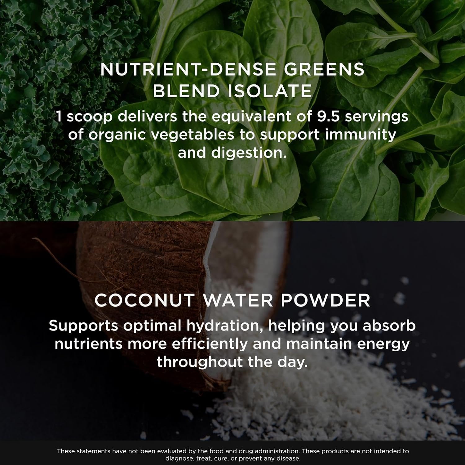 Product packaging with green leafy vegetables and coconut water powder, featuring text about nutrient-dense greens blend isolate and coconut water powder benefits.