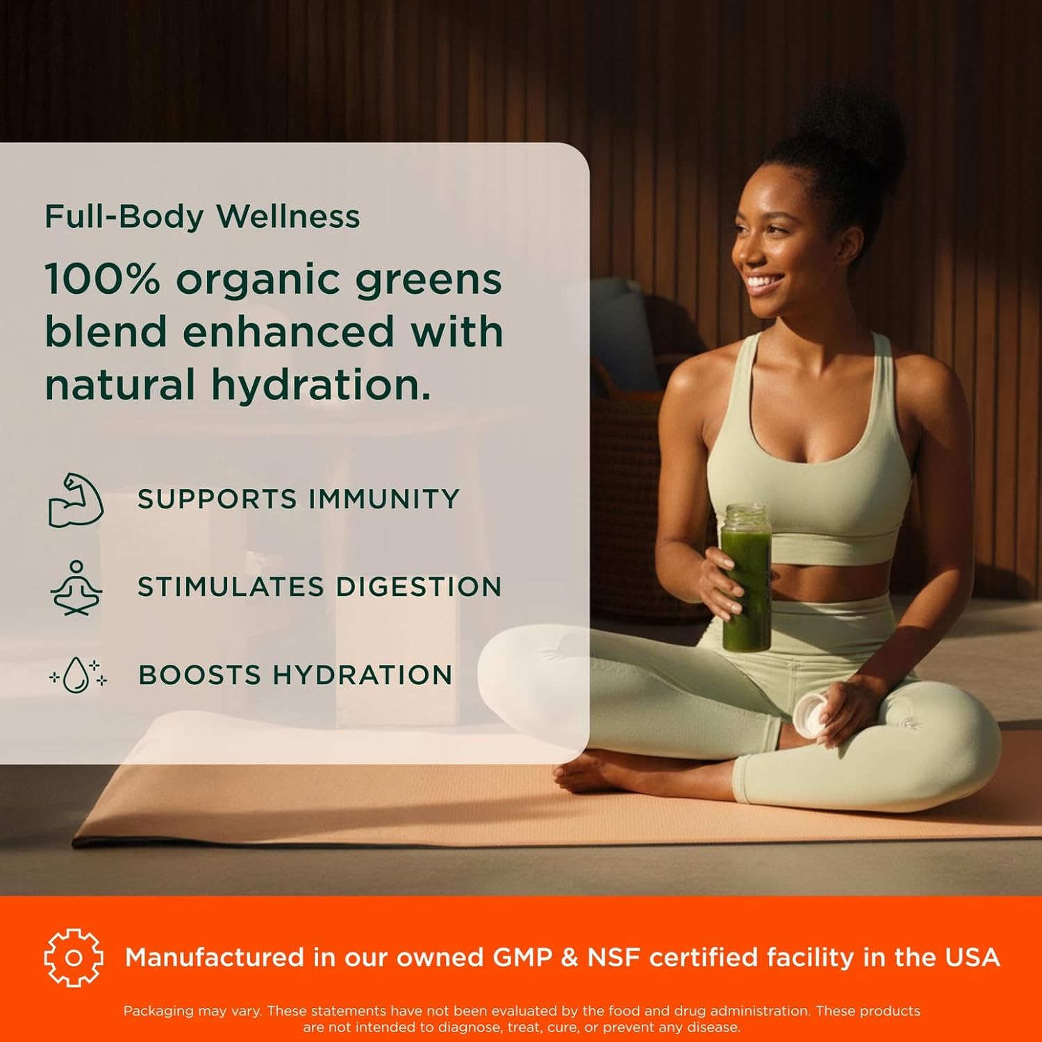 Woman in sports bra and leggings holding a green smoothie with wellness benefits text overlay.