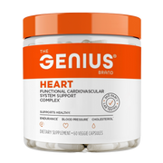 Supplement jar labeled 'The Genius Brand' for heart health support on a white background
