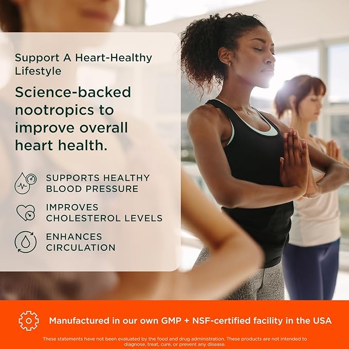 Two people practicing yoga with a text overlay about heart-healthy lifestyle and nootropics.