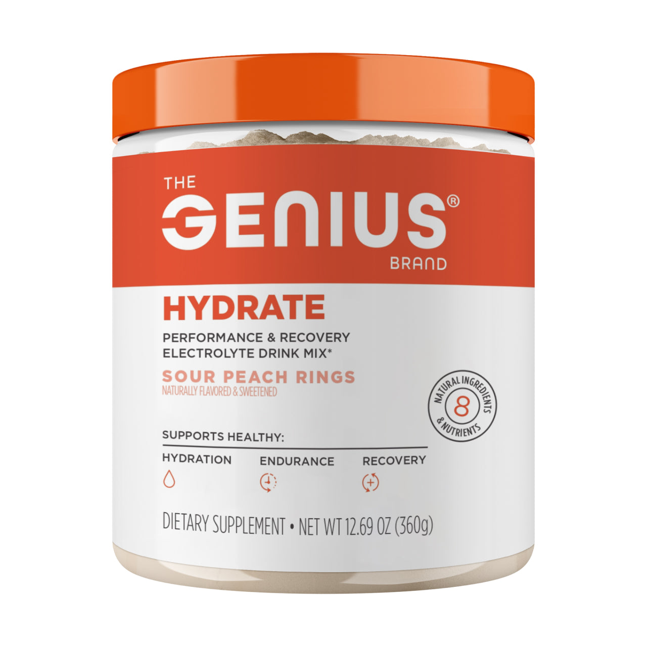 Genius Brand Hydrate performance and recovery electrolyte drink mix container on a white background