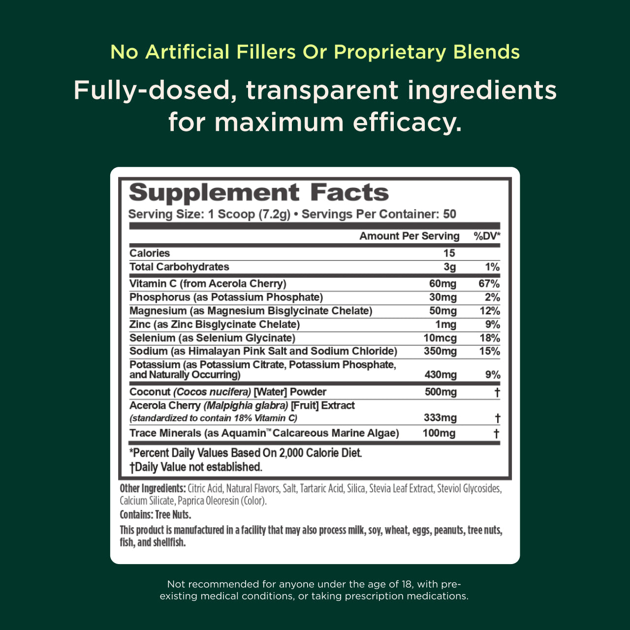 Supplement facts label with green background and white text