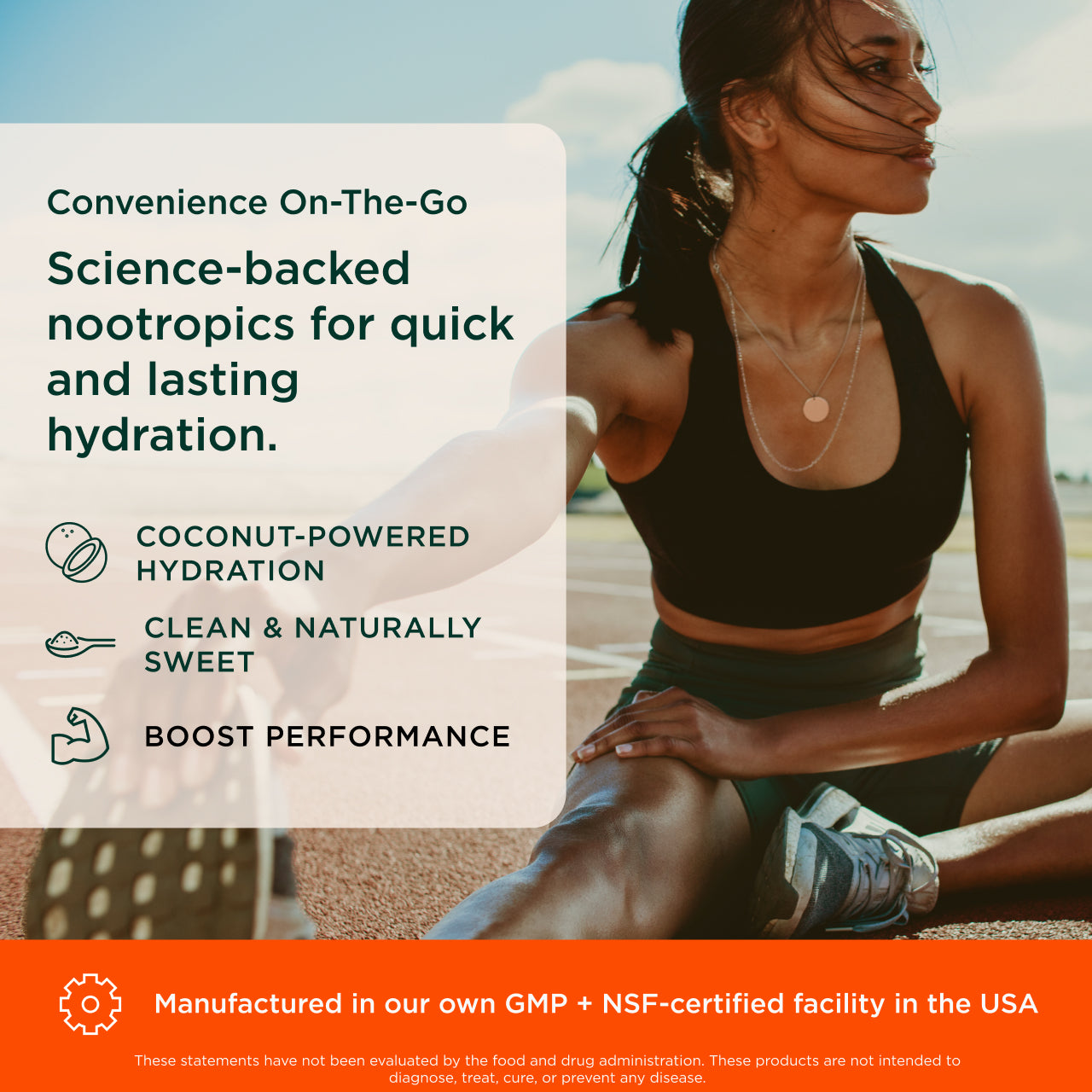 Woman sitting by a pool with text about coconut-powered hydration products.