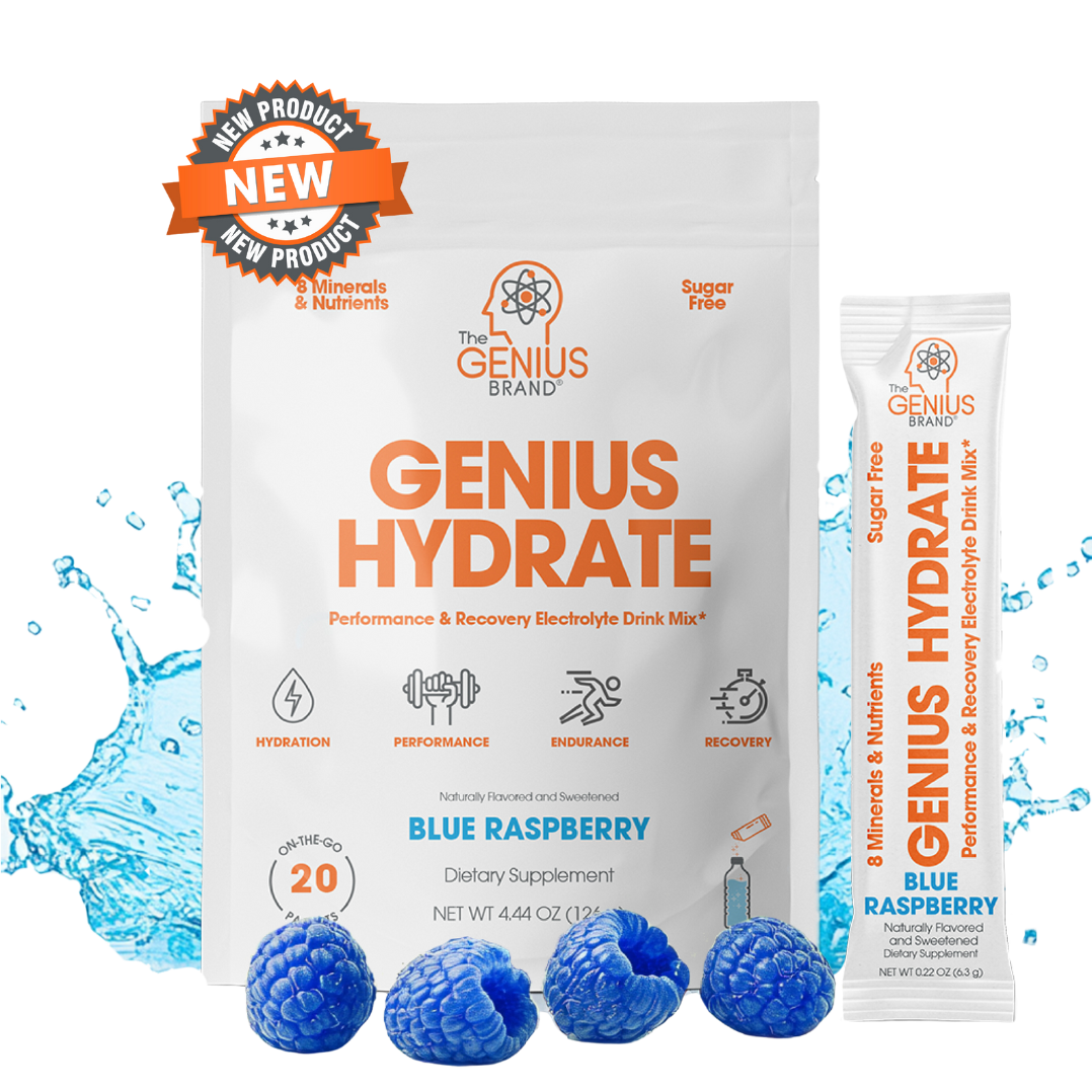 Packaging of Genius Hydrate, an electrolyte supplement powder in blue raspberry flavor, with a 'new product' badge and icons indicating the product is sugar-free and contains no artificial sweeteners or colors.
