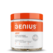 A container of Genius Joy nootropic supplement by The Genius Brand with 100 veggie capsules, featuring orange and white branding.