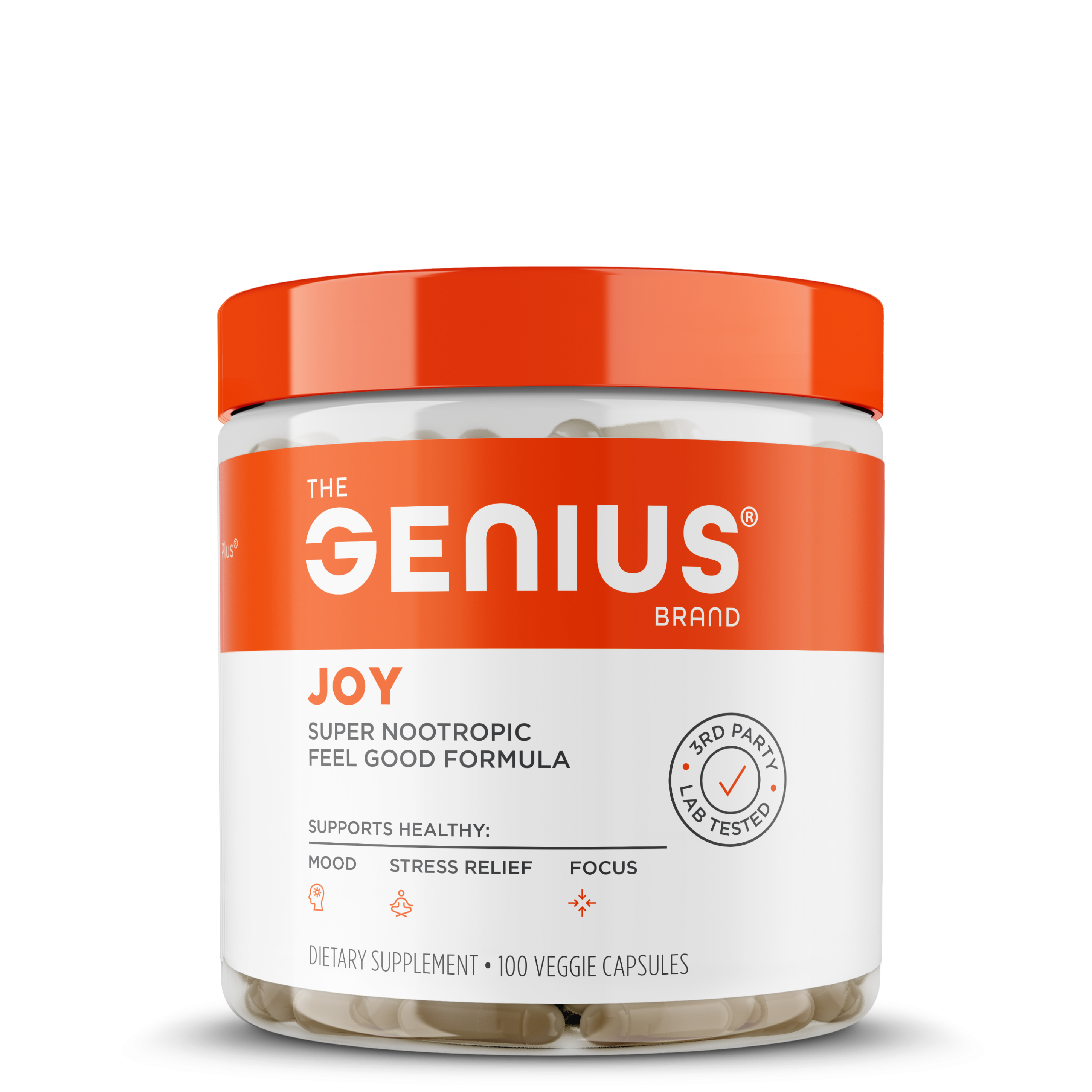 A container of Genius Joy nootropic supplement by The Genius Brand with 100 veggie capsules, featuring orange and white branding.