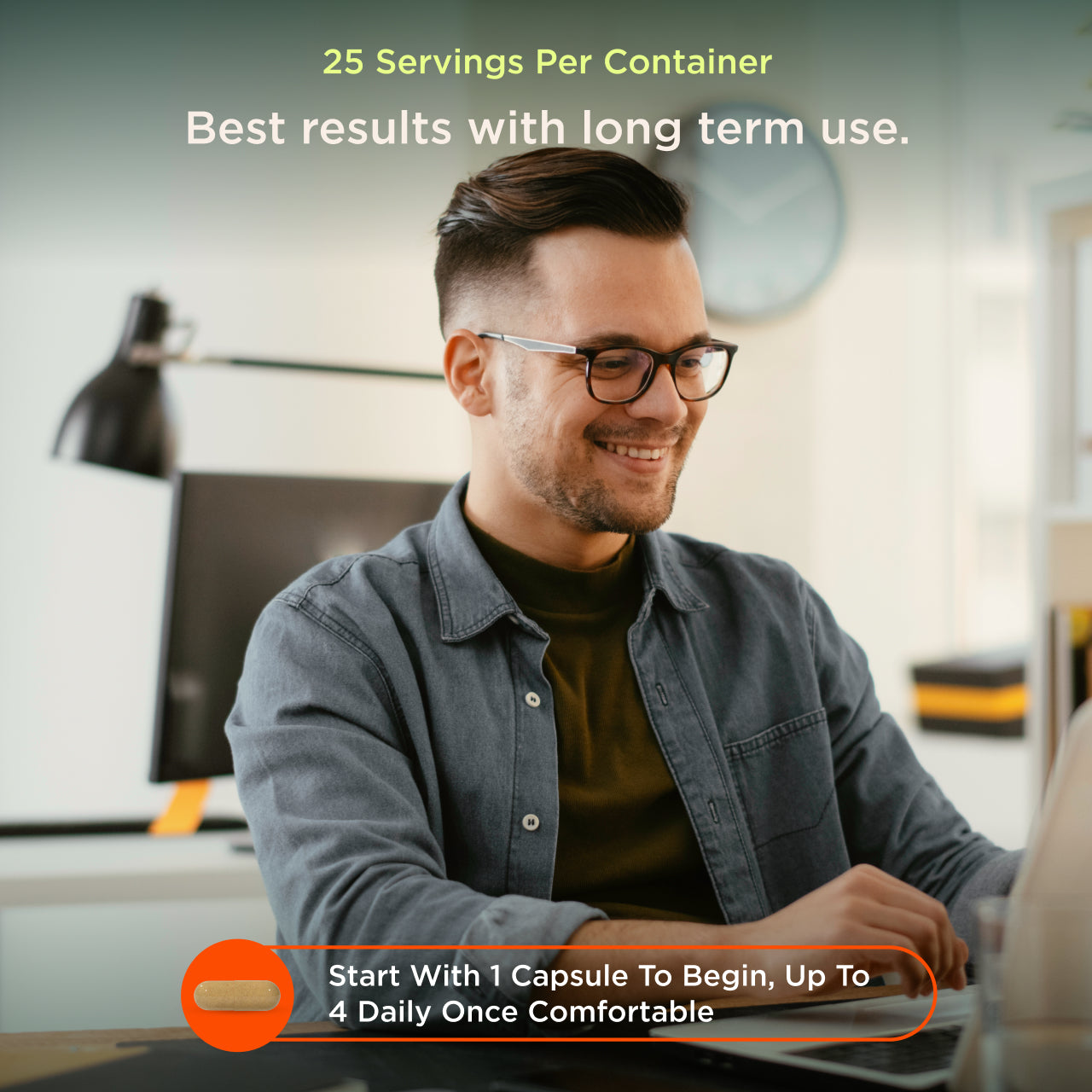 Man using a computer with text about capsules and servings per container.