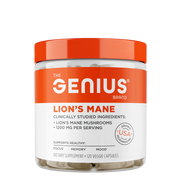 A container of Genius Lion's Mane dietary supplement with the label showing the product name and benefits such as supporting healthy focus, memory, and mood.