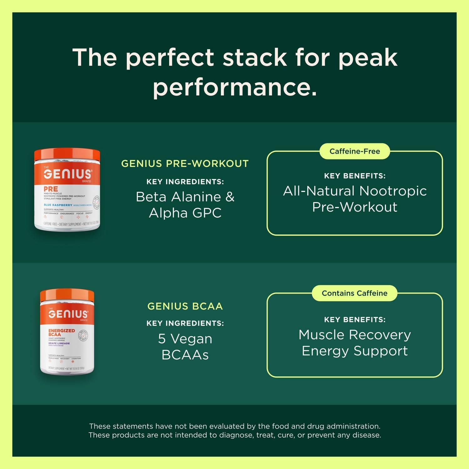 Advertisement for Genius pre-workout and BCAA supplements on a green background