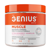 Jar of 'The Genius Brand Muscle' supplement with strawberry vanilla flavor on a white background