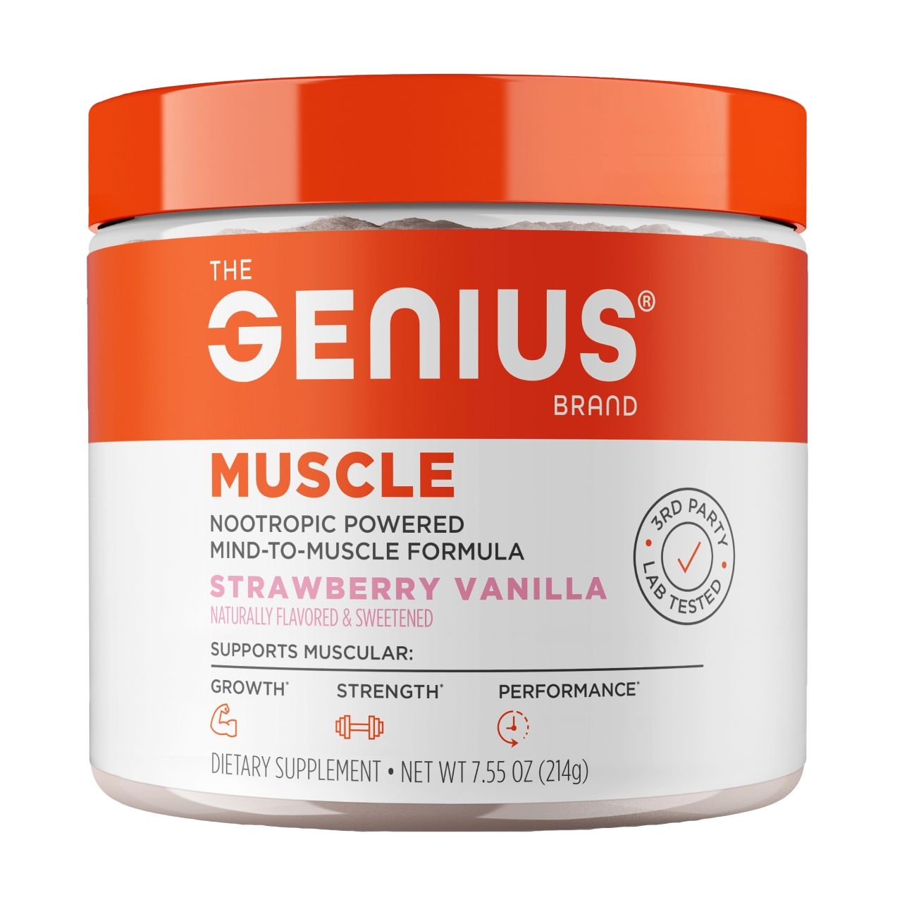 Jar of 'The Genius Brand Muscle' supplement with strawberry vanilla flavor on a white background