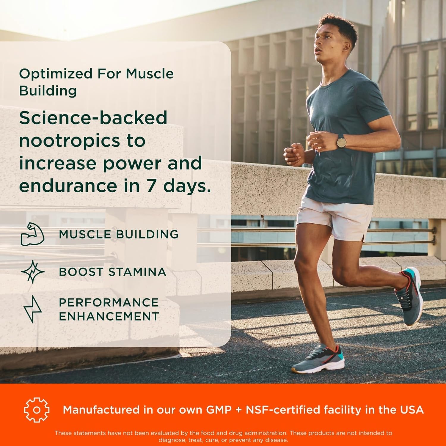 Man running outdoors with text about muscle building nootropics.