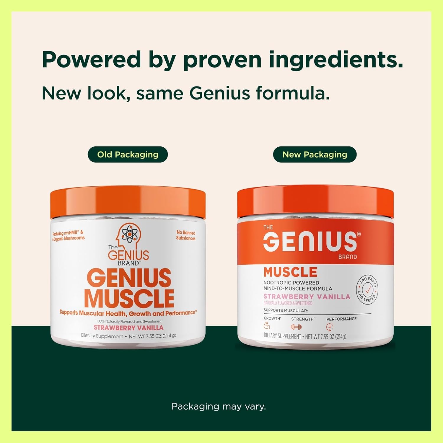 Two containers of Genius Muscle supplement with text about proven ingredients and new packaging design.