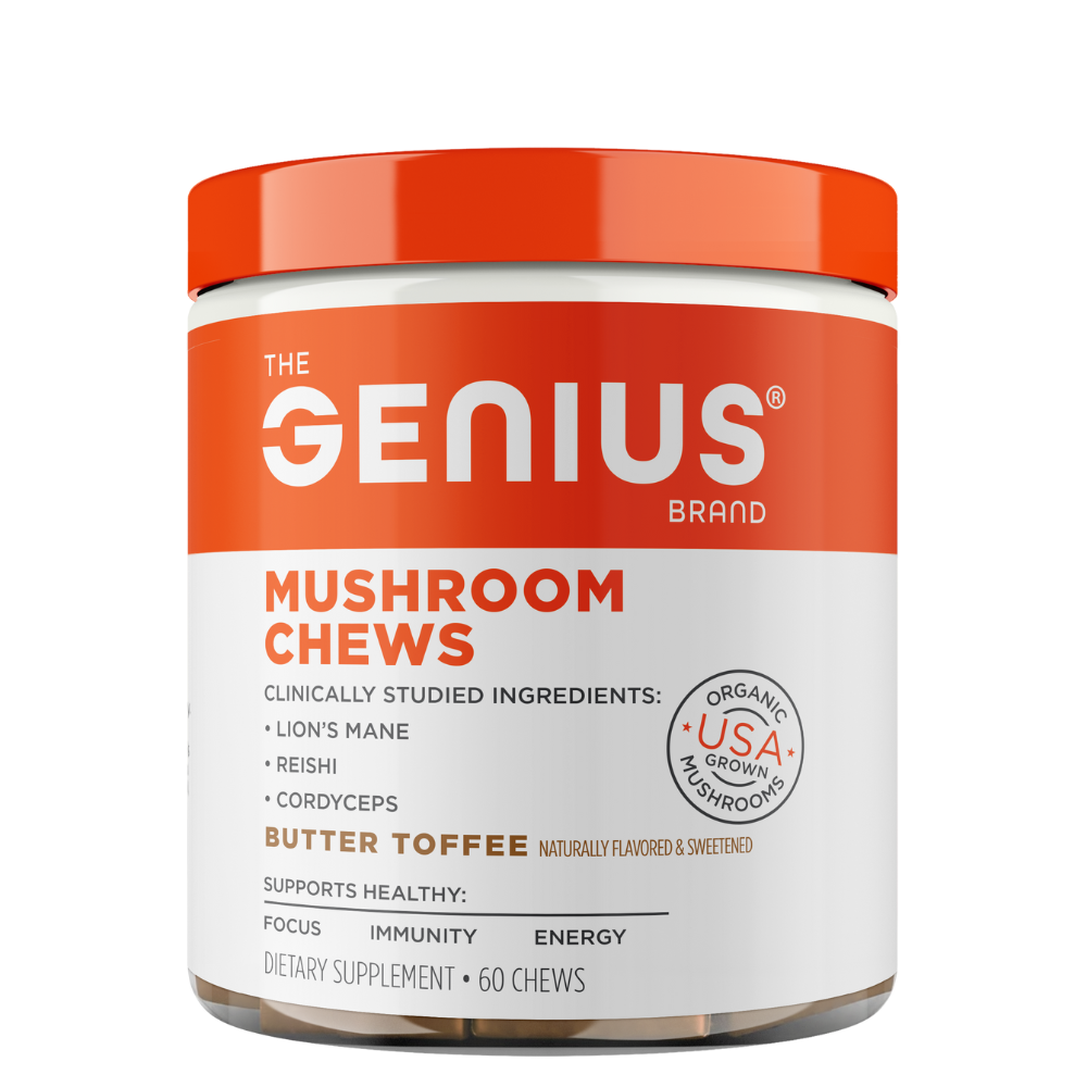 A container of Genius Mushroom Chews in butter toffee flavor with a red lid and white label, displaying the brand logo and product information.
