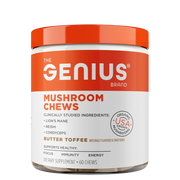 A container of Genius Mushroom Chews in butter toffee flavor with a red lid and white label, displaying the brand logo and product information.