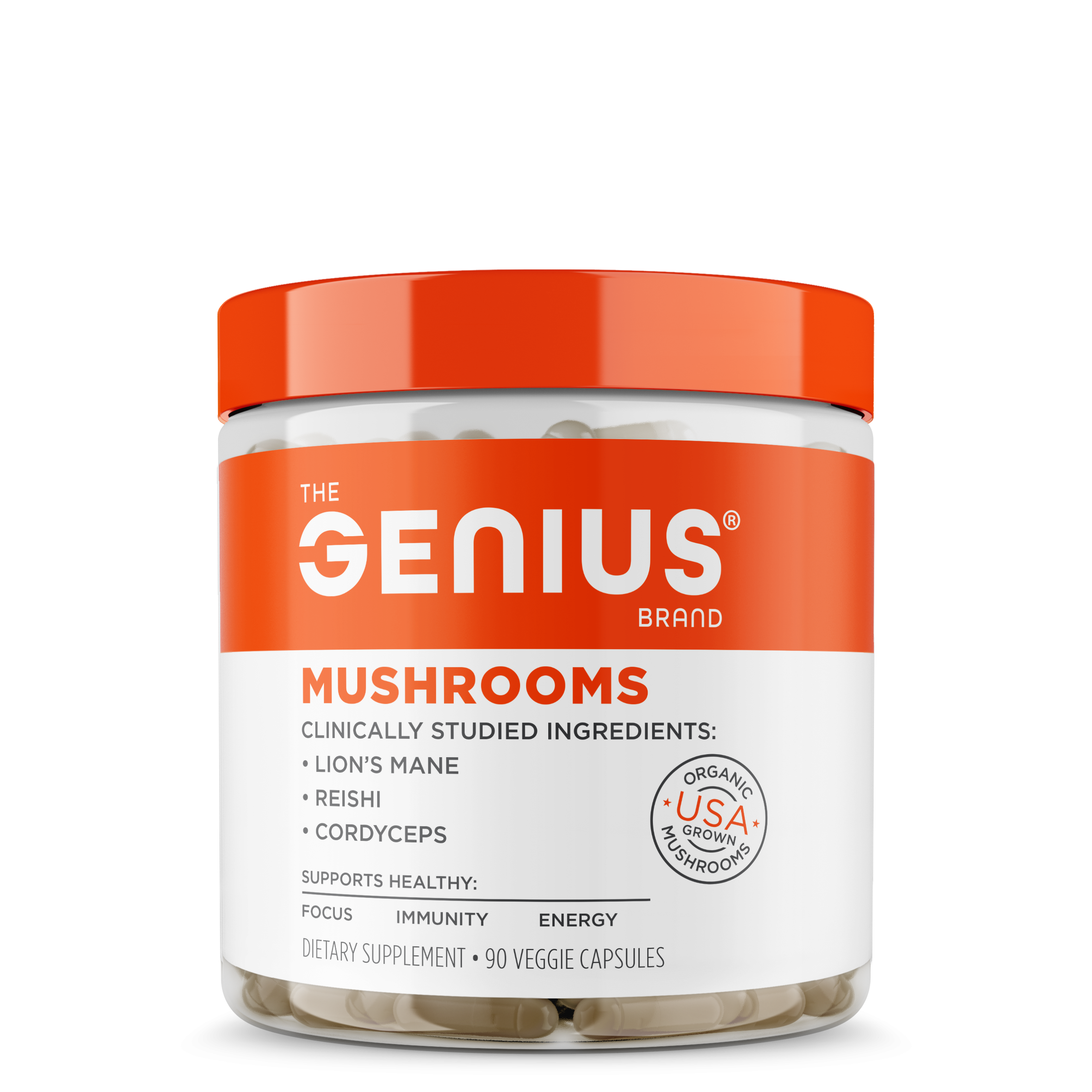 A container of Genius Mushrooms supplements with branding and information about the product on the label.