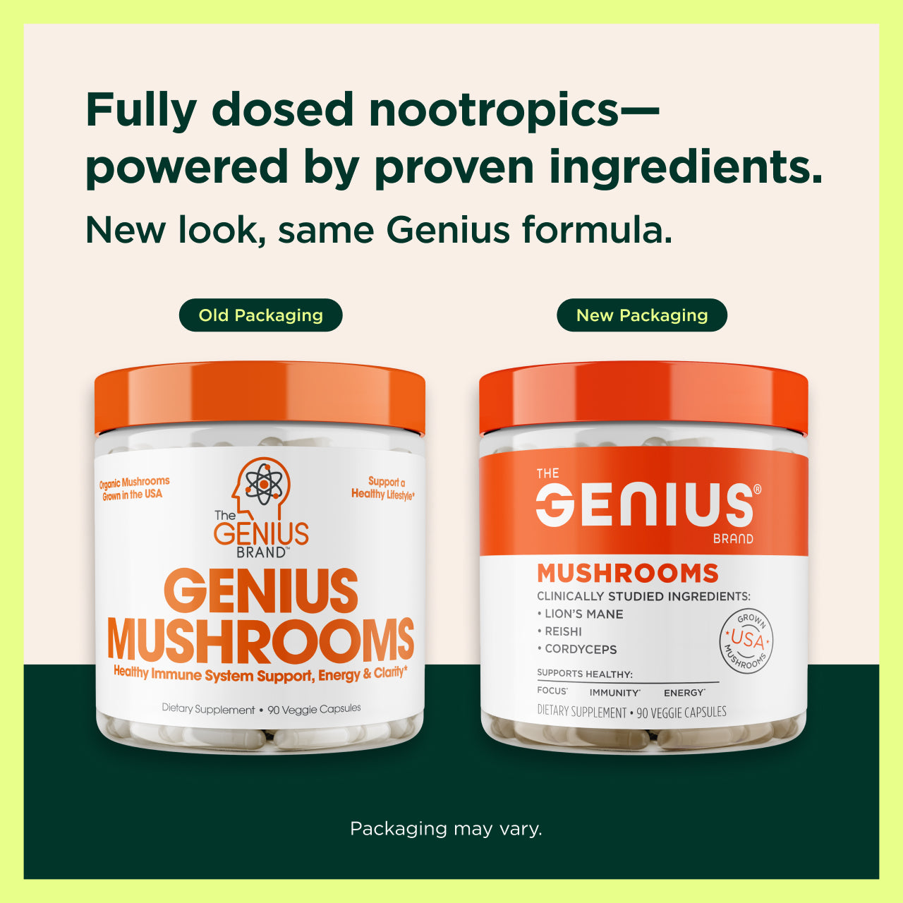 Two containers of Genius Mushrooms supplement with text about new packaging and proven ingredients.