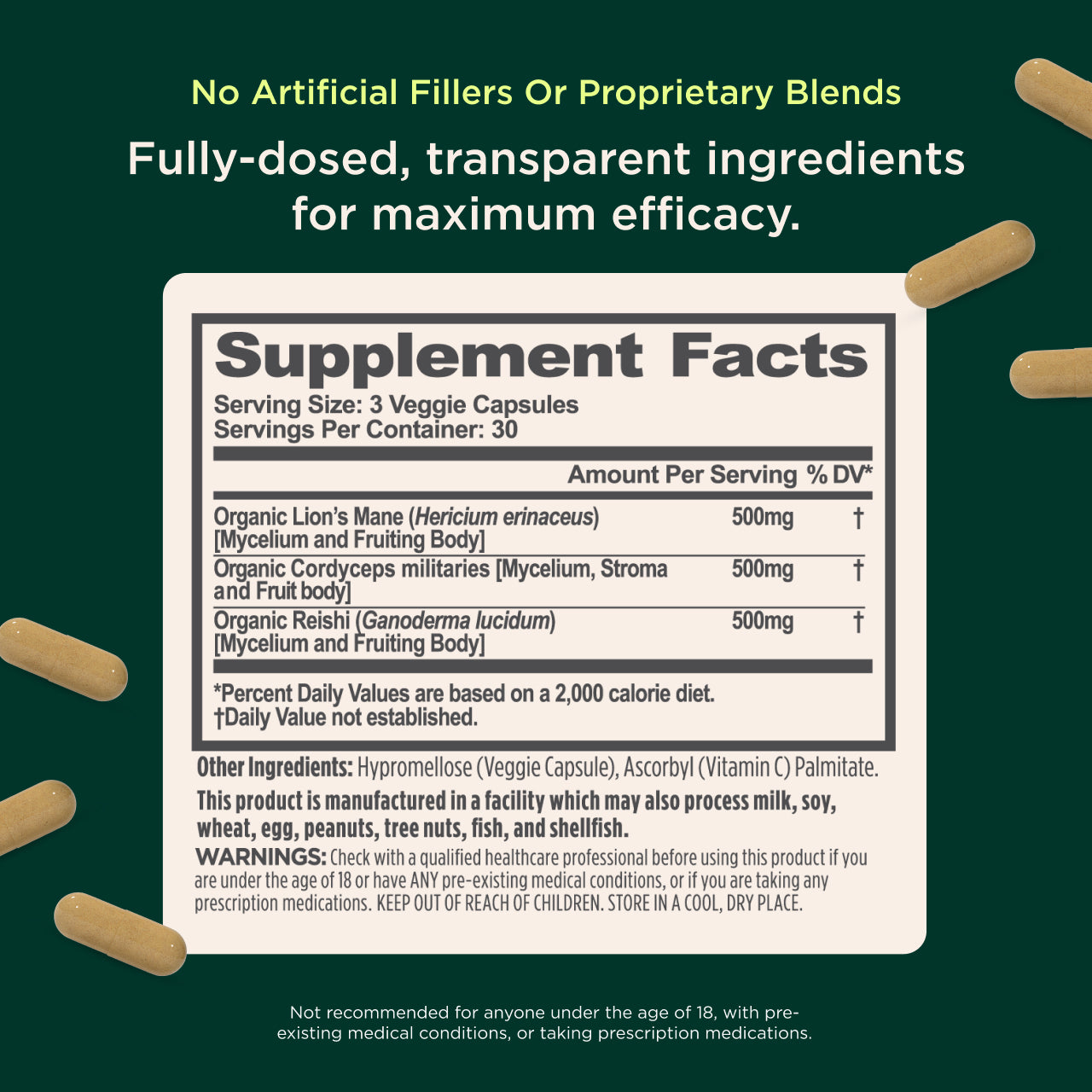 Supplement facts label with ingredients on a green background