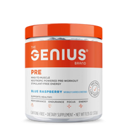 A container of Genius Pre, a nootropic-powered pre workout supplement with blue raspberry flavor, manufactured by The Genius Brand.
