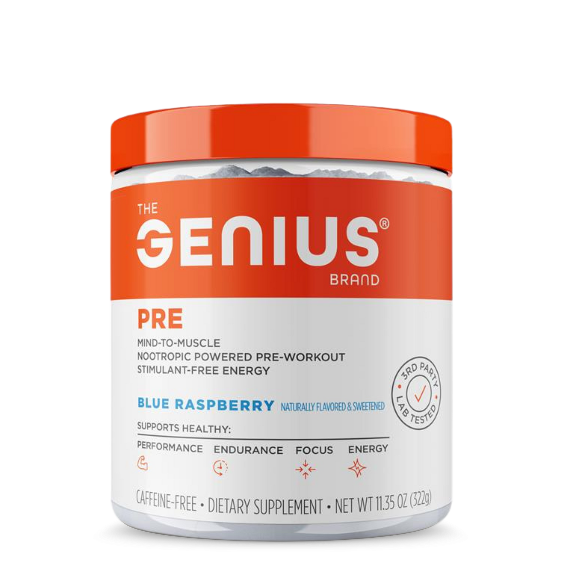 A container of Genius Pre, a nootropic-powered pre workout supplement with blue raspberry flavor, manufactured by The Genius Brand.