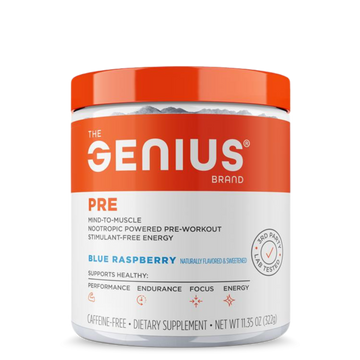 A container of Genius Pre, a nootropic-powered pre workout supplement with blue raspberry flavor, manufactured by The Genius Brand.