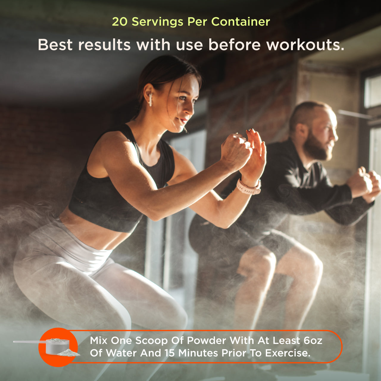 Two people exercising with text about product usage before workouts.