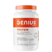 A container of GENIUS PROTEIN powder in chocolate flavor, highlighting its benefits for muscle growth and recovery.