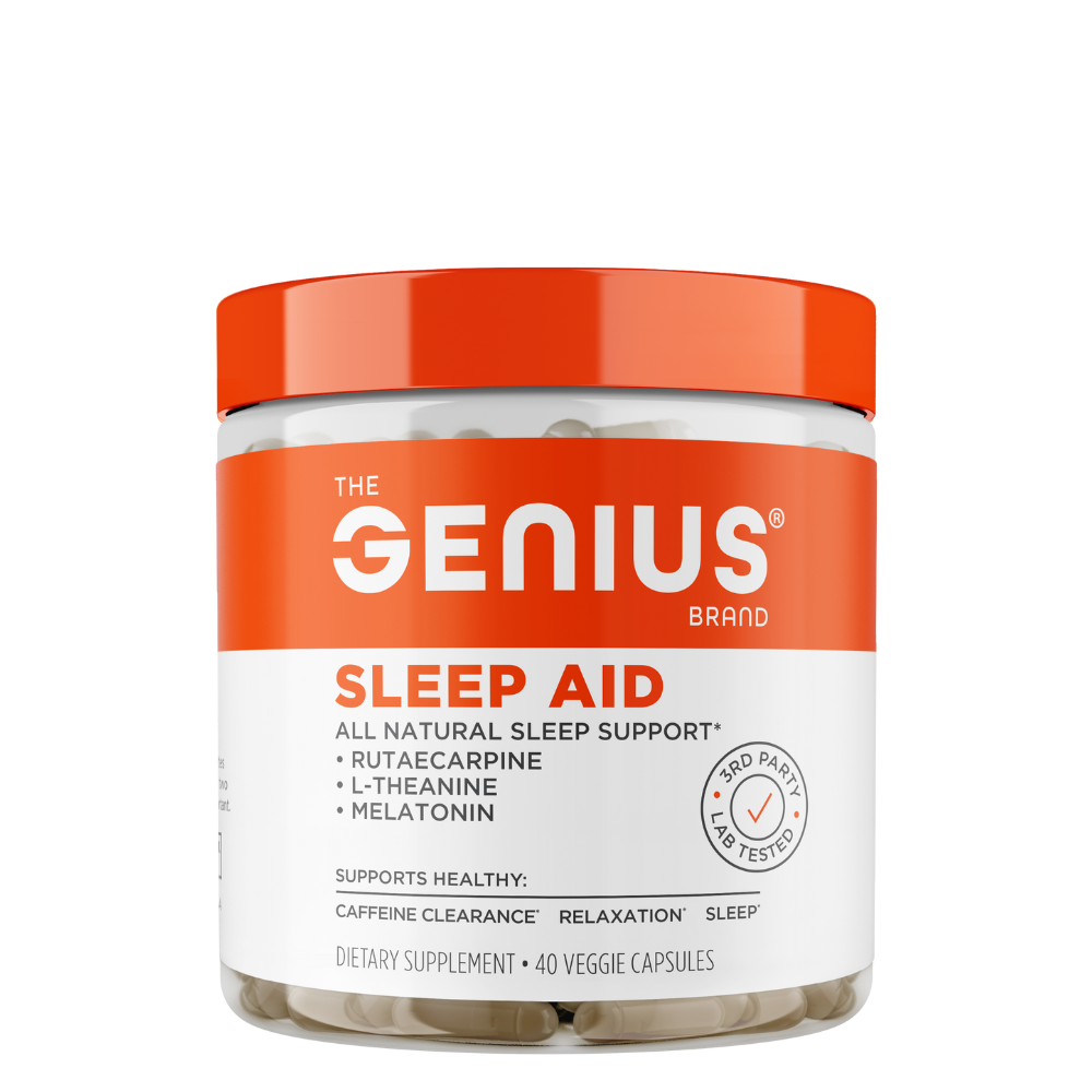 A container of Genius Sleep Aid dietary supplement, featuring a white and orange design, with text detailing the product's benefits and ingredients.