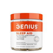 A container of Genius Sleep Aid dietary supplement, featuring a white and orange design, with text detailing the product's benefits and ingredients.