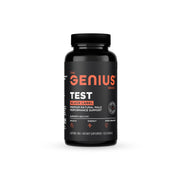 Black supplement bottle labeled 'The GENIUS Brand' on a white background
