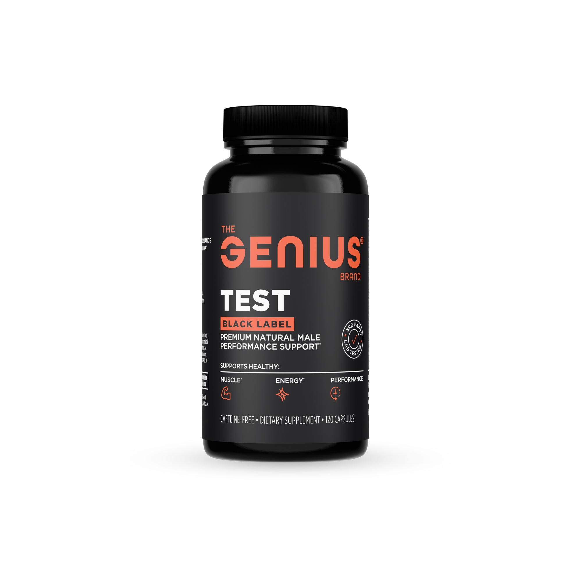 Black supplement bottle labeled 'The GENIUS Brand' on a white background