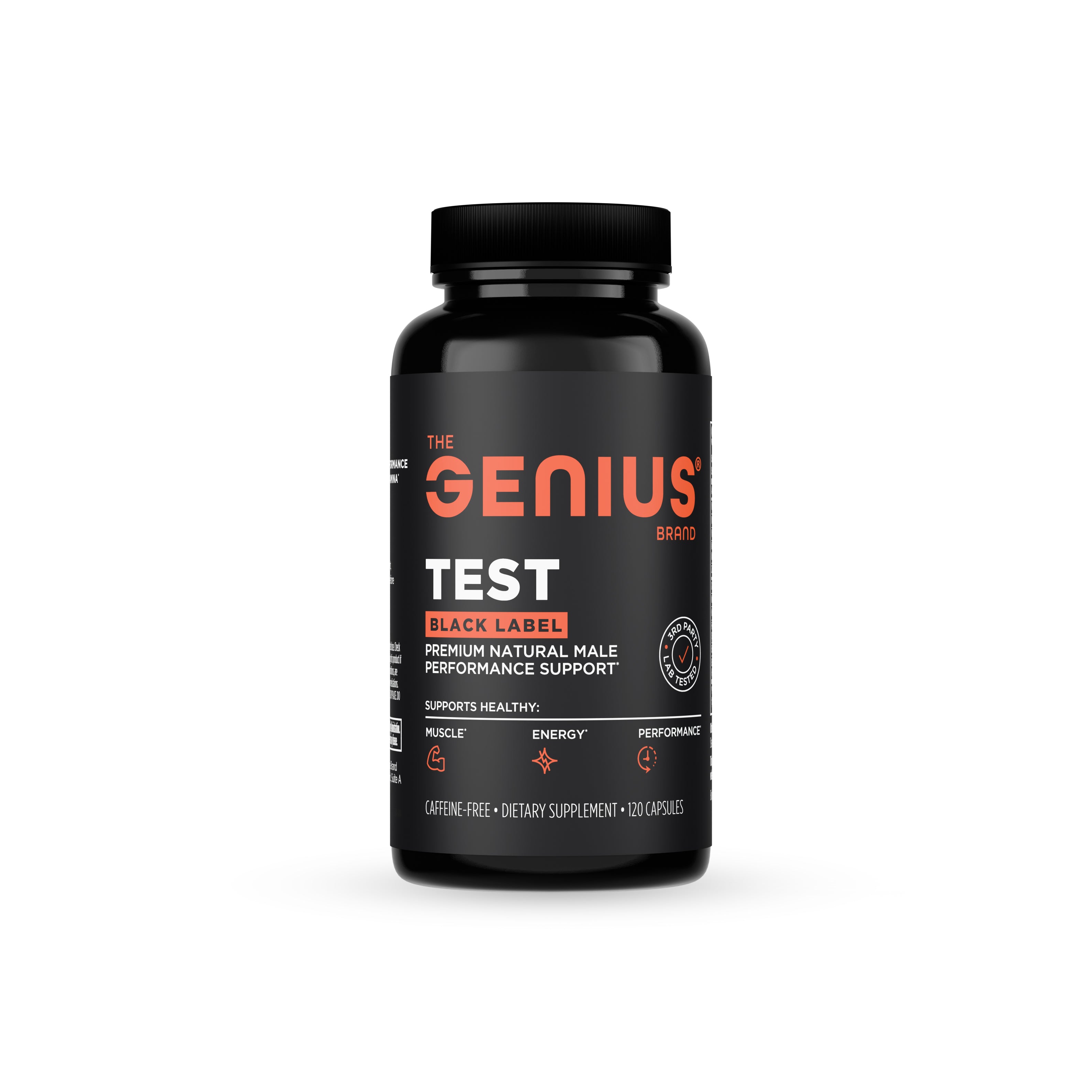 Black supplement bottle labeled 'The GENIUS Brand' on a white background