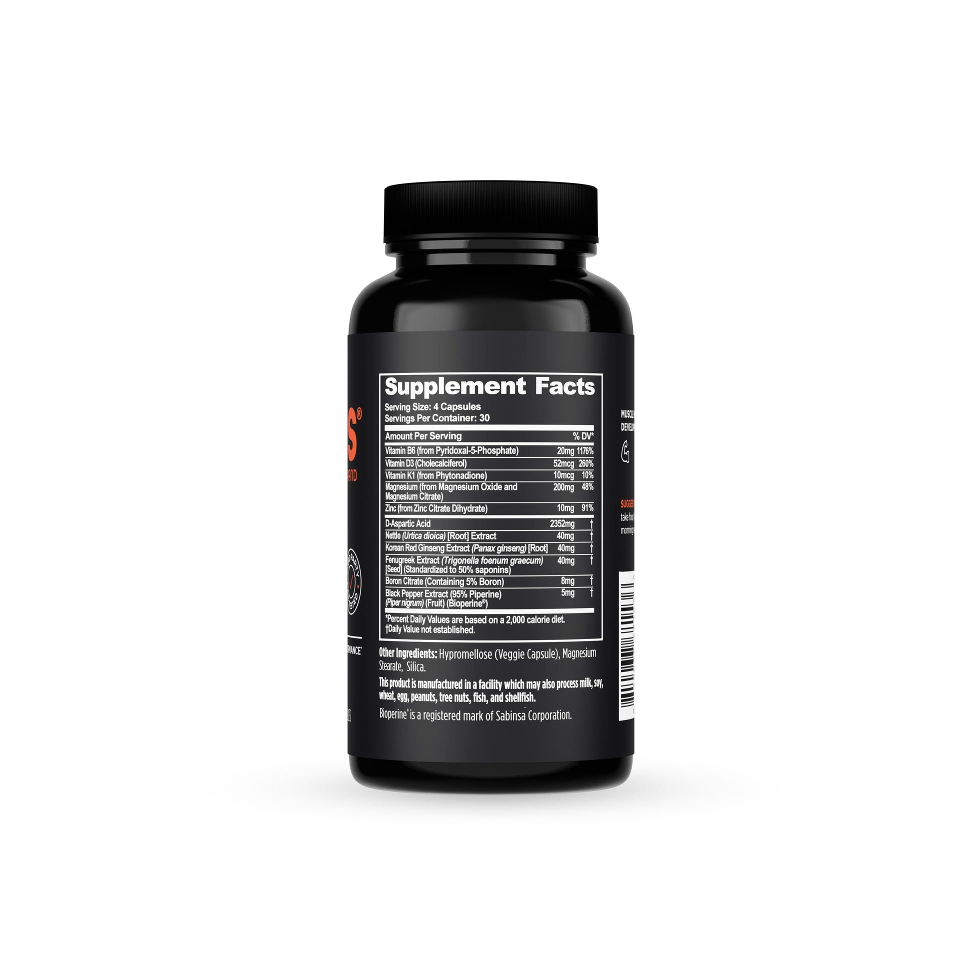 Black supplement bottle with 'Supplement Facts' label on a white background