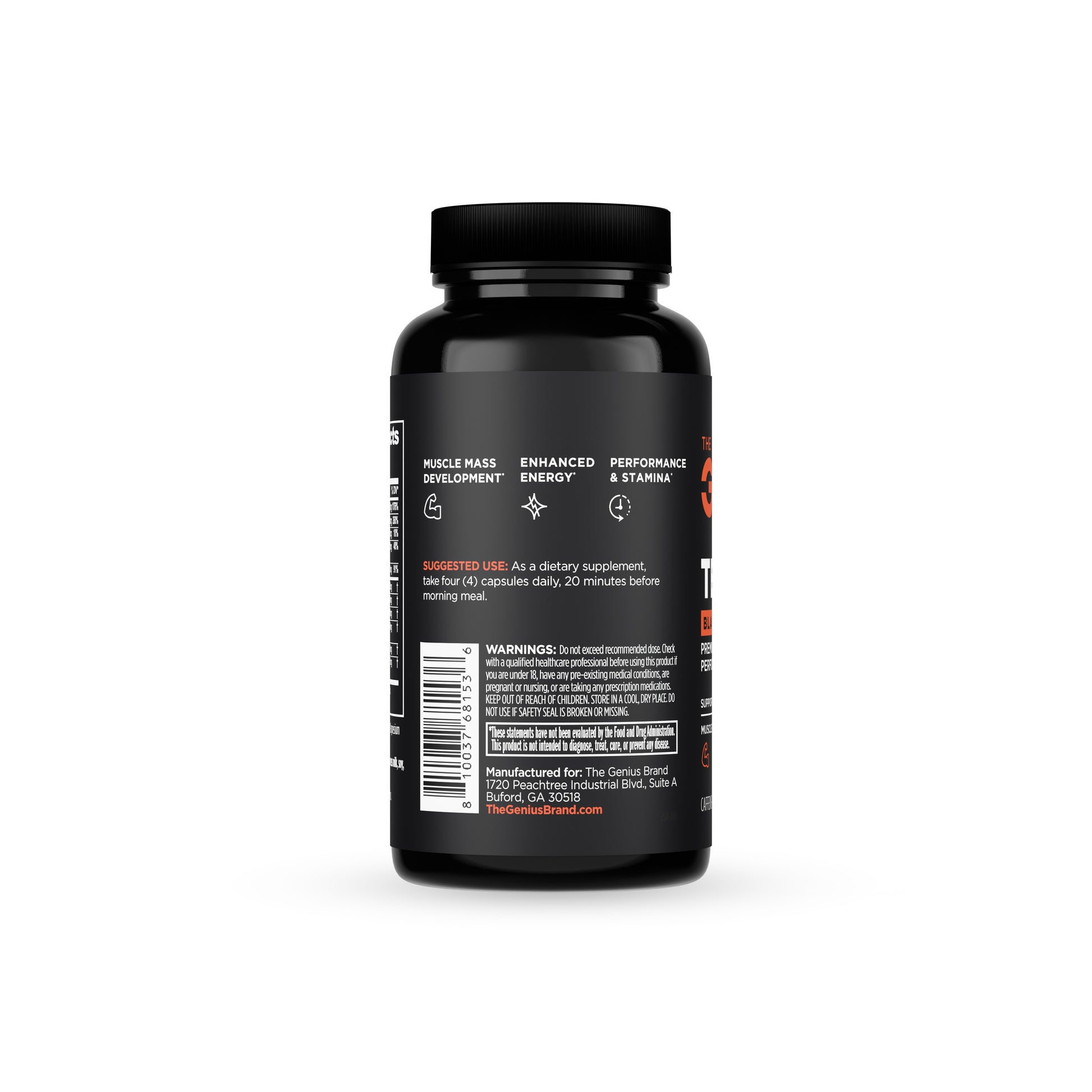 Black supplement bottle with label on a white background