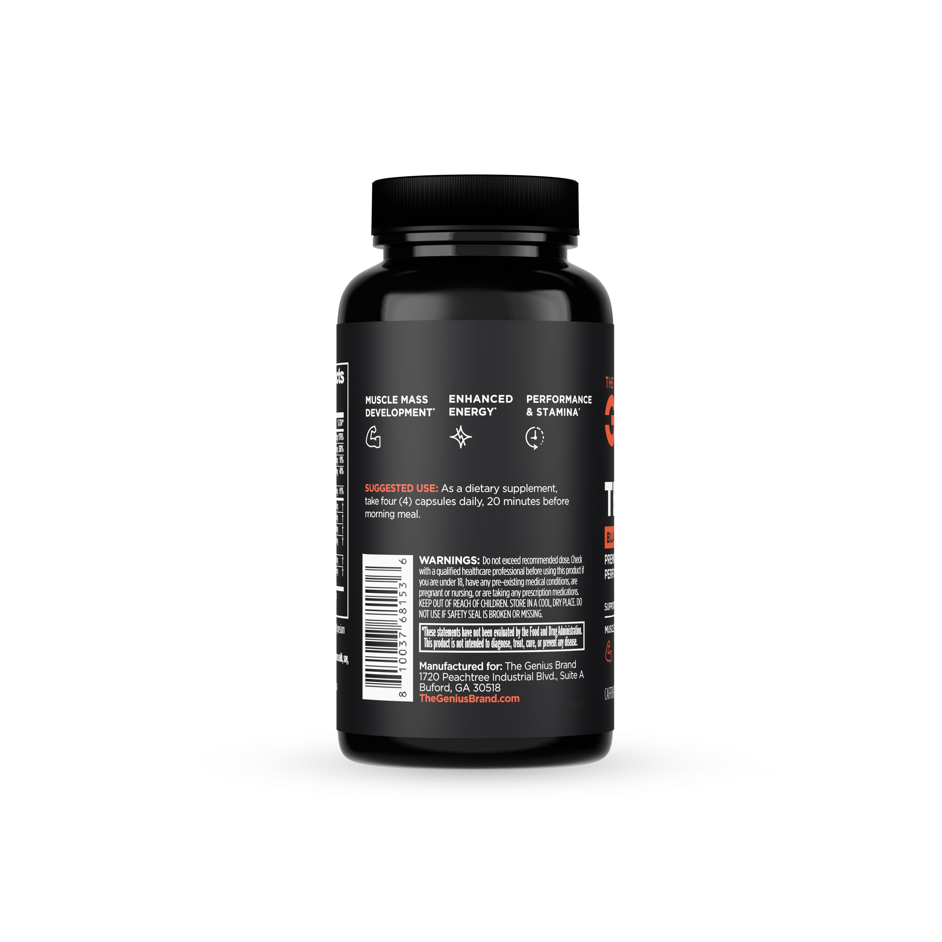 Black supplement bottle with label on a white background